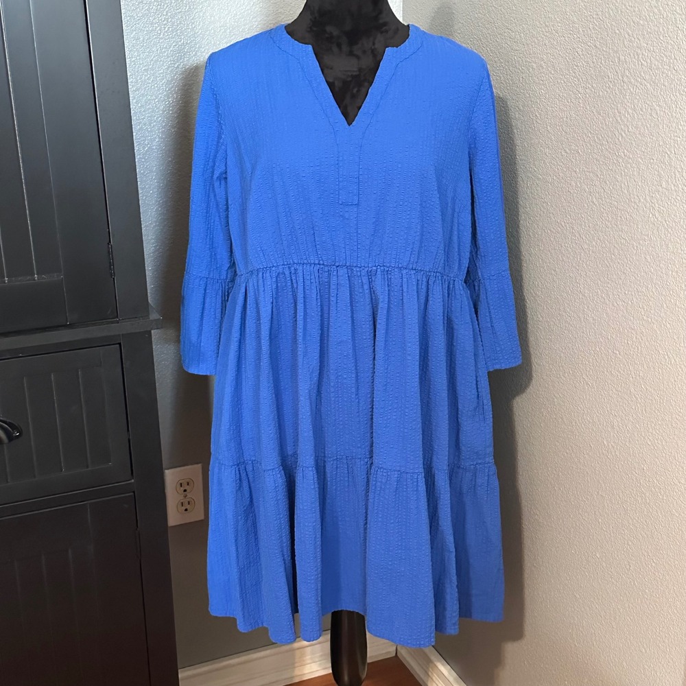 365 Destination Dress SP Blue Cotton Tiered Babydoll Cottagecore Boho Petite